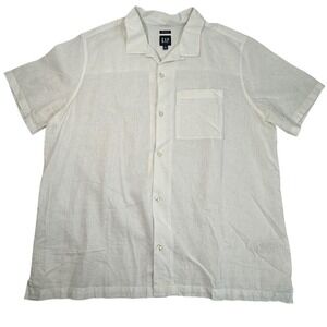 GAP Mens XL White Linen Cotton Blend Short Sleeve Camp Collar Button Up‎ Shirt